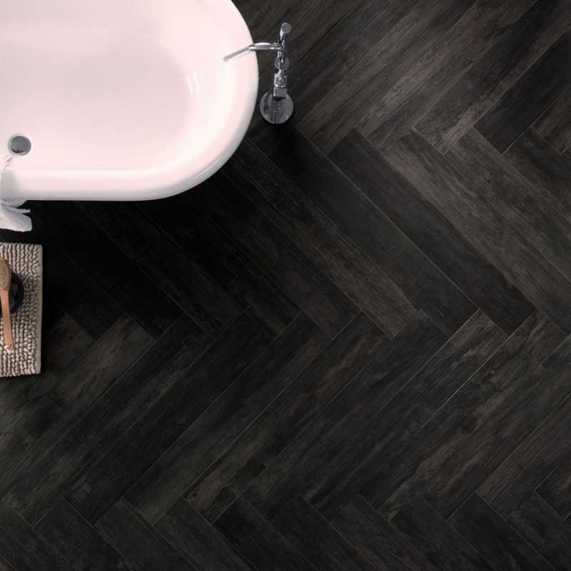 Noir bath floor herringbone